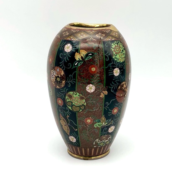 Kintsugi Antique Japanese Cloisonné Vase Meiji Era Goldstone Butterfly Floral - Picture 12 of 17